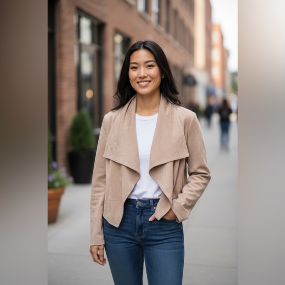 Badgley Mischka’s “American Glamour” Beige Suede Waterfall Collar Jacket Size XL - Picture 3 of 14